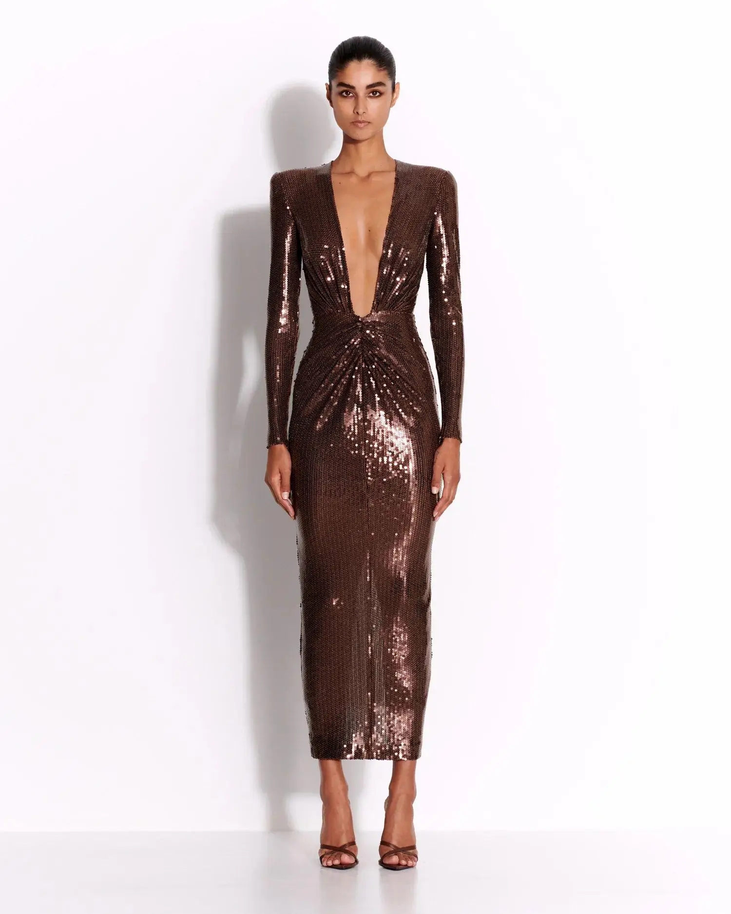 Women Brown Luxury Party Dress Elegant Sexy Long Sleeve Deep V Neck Midi Calf Sequines Glitter Celebrity Evening Gala Gowns