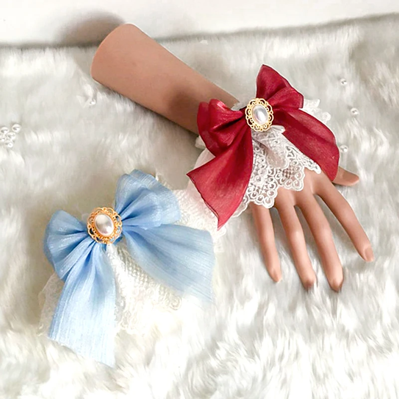 Sweet Lolita Handmouw Kanten Strik Parel Polsband Armband Vrouwen Meisjes Cosplay Party Polshoes Mode Kleding Accessoires