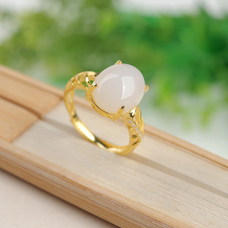 

Hotan Ring Spinach Green925Silver inlaid with Hetian white jade women