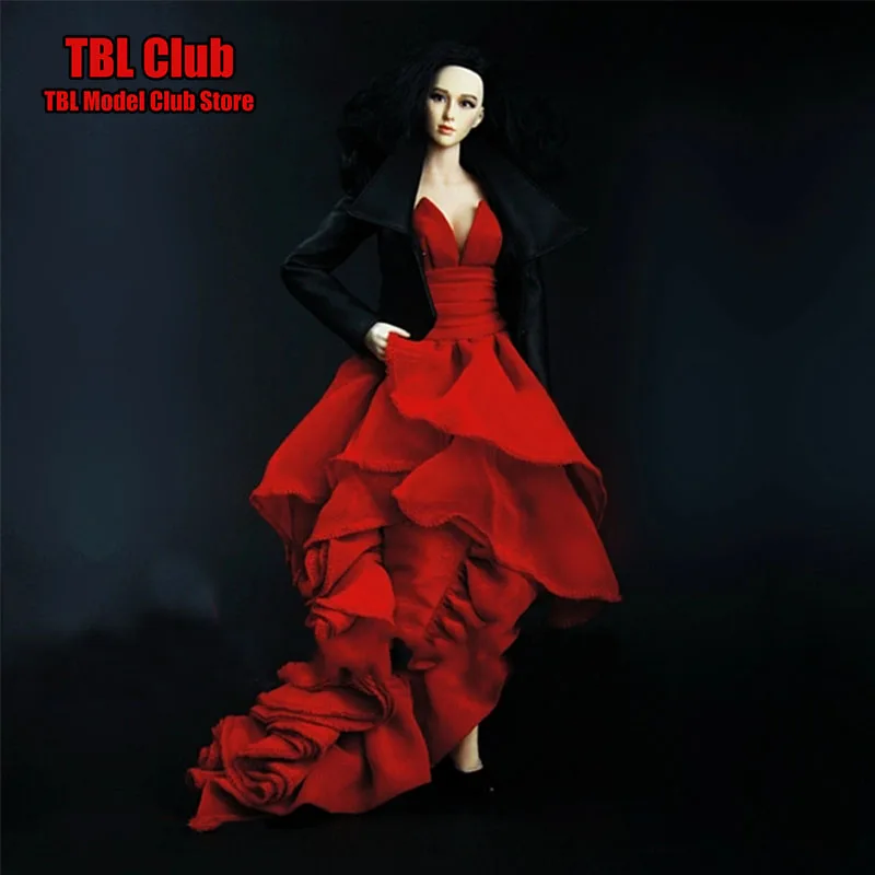 1/6 Women Soldier Black Jacket Red Strapless Mop Skirt Elegant Evening Wedding Party Dresses Fit 12inch Action Figure Body Toys