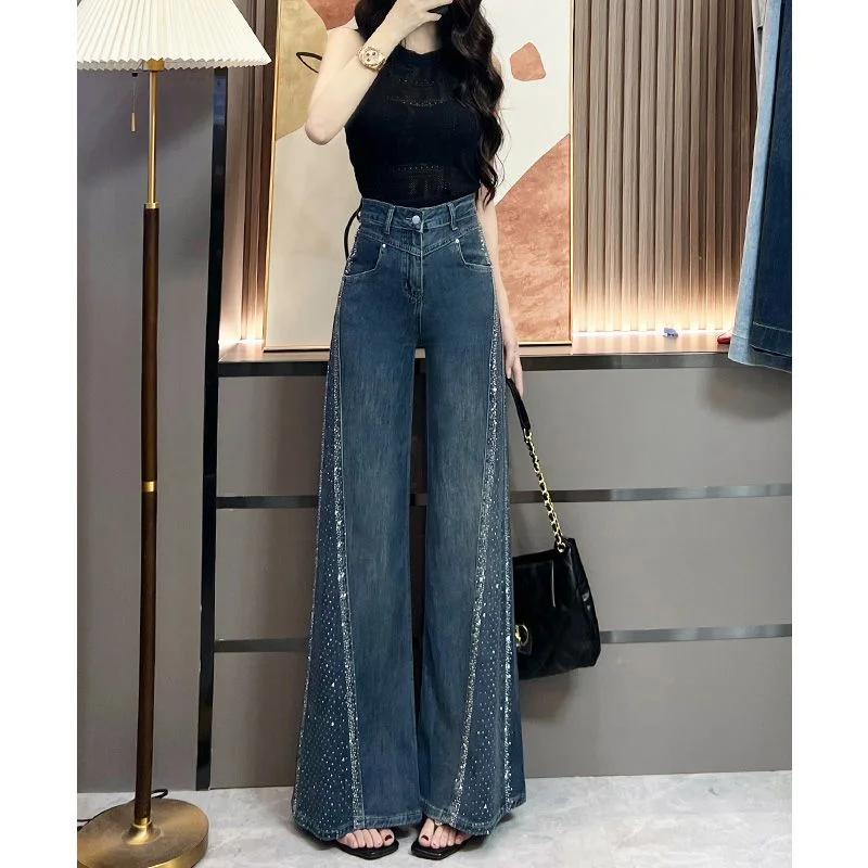 

Hot Drilling Wide-Leg Flared Baggy Jeans Female Spring Summer New Fashion Spice Girls Loose Washed Blue Straight Pants Women's