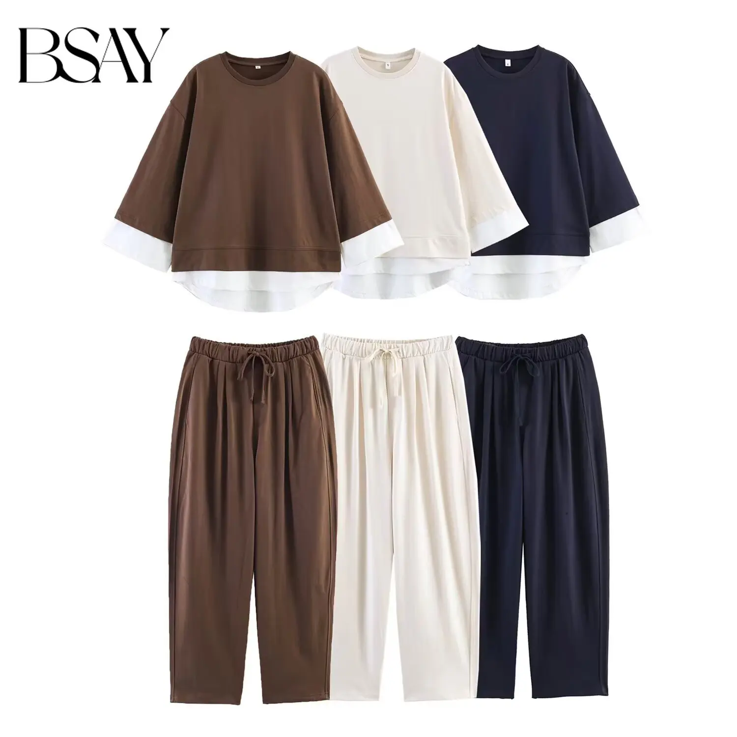 

BSAY European American Style Women's New Outfit Contrast Cuff Fake Two-Piece Long Sleeve Sweatshirt Loose Balloon Wide Leg Pants