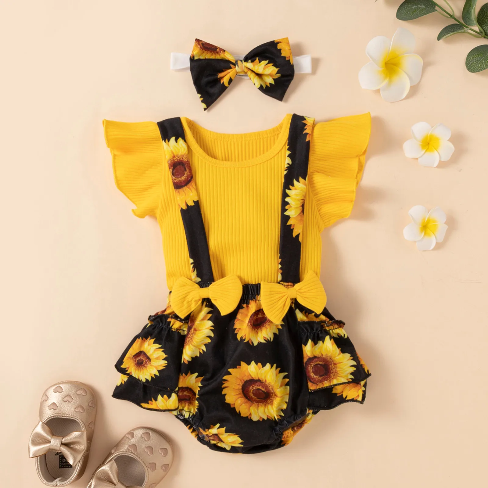 Newborn Infant Girls Clothes Summer Ruffle Sleeve T Shirt Tops+Floral Suspender Shorts+Headband Baby Clothes 3 6 12 18 Months