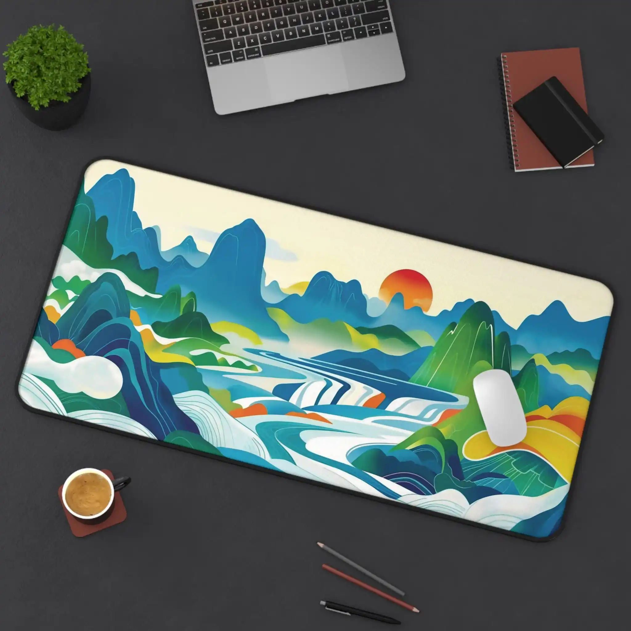 

Blue-green Chinese Landscape Painting Table Mat, Cute Anime Landscape Table Mat for Anime Lovers, Beautiful Keyboard Game Mat