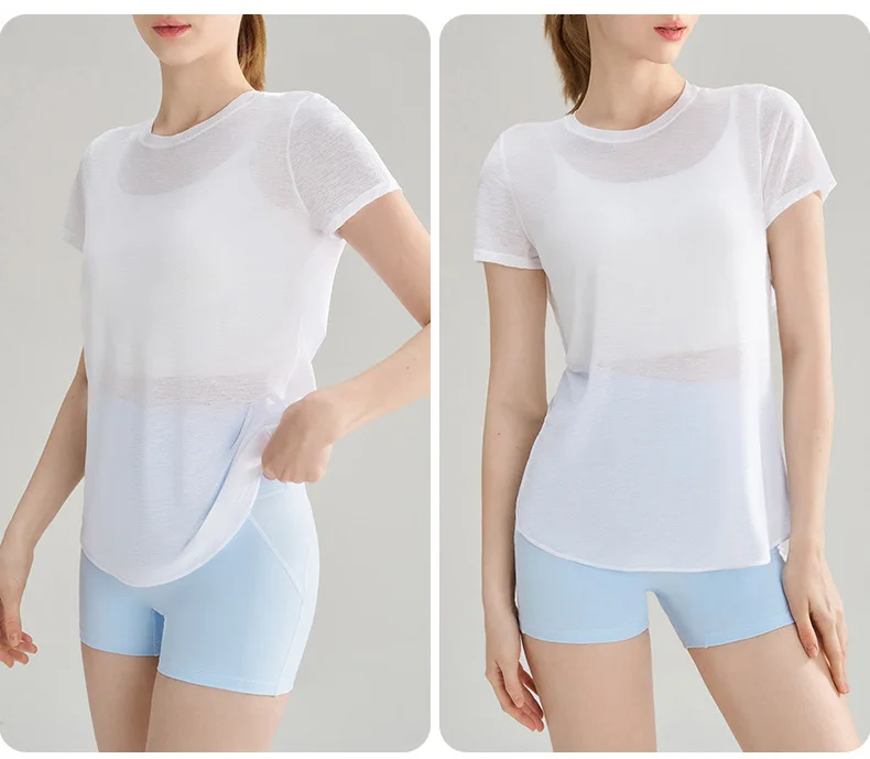 Bambusgarn-Sport-T-Shirt mit schönem Rückendesign, Yoga-Kleidung, Oberteil, schnell trocknendes Fitness-Shirt mit kurzen Ärmeln – Detail 4