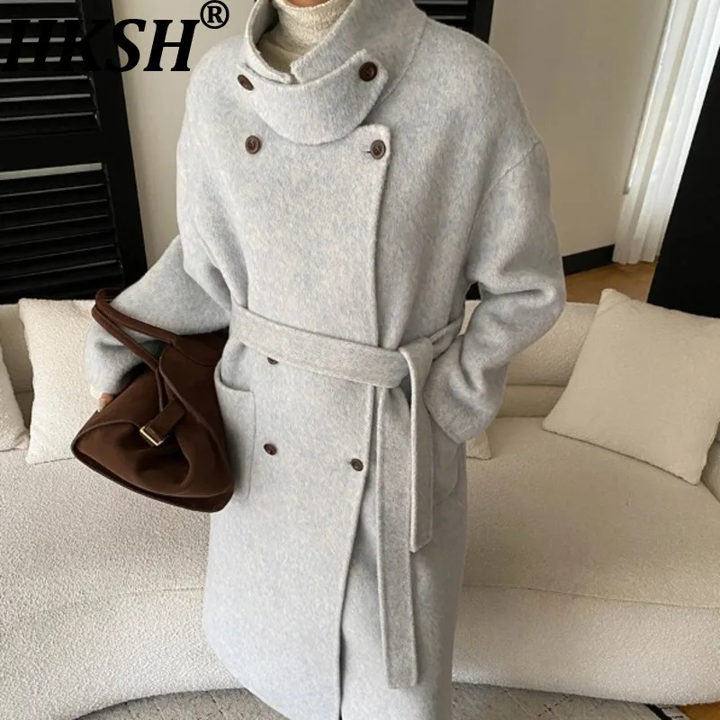 

HKSH осень зима новое женское длинное пальто с воротником-стойкой двубортный пояс с карманами элегантные двусторонние шерстяные куртки HK16410