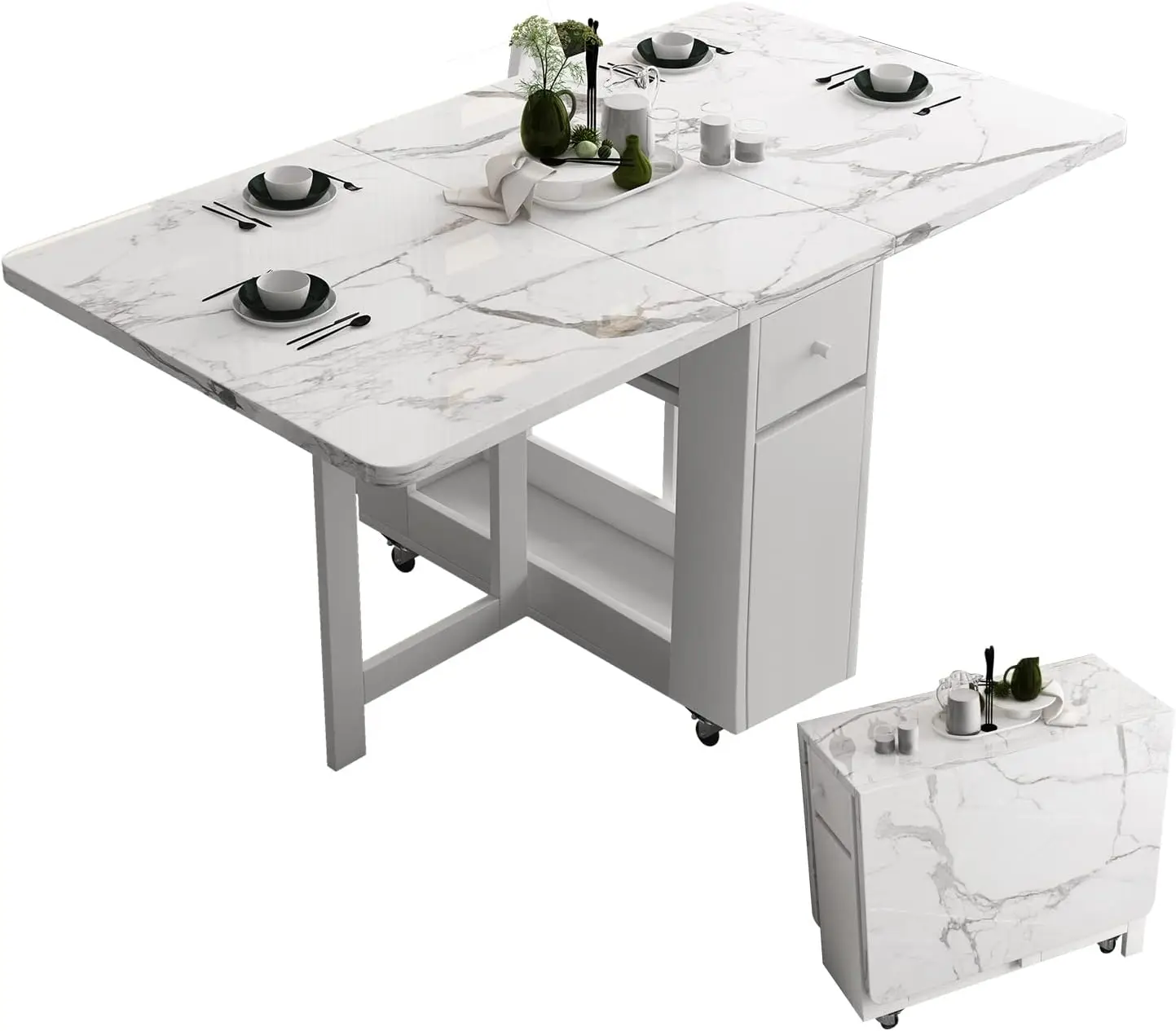 

Folding Dining Table with Rack and 2 Storage Drawers, Movable Extendable Space Saving Kitchen Table in 3 Forms (White)