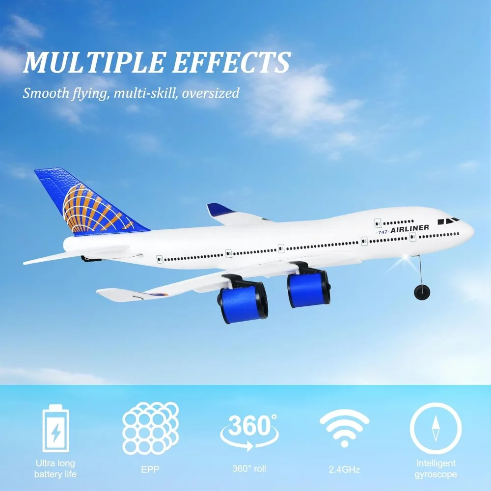 Juguete de avión de línea de espuma RC A-747 de 3 canales de 2,4 Ghz con luces LED y cuatro motores