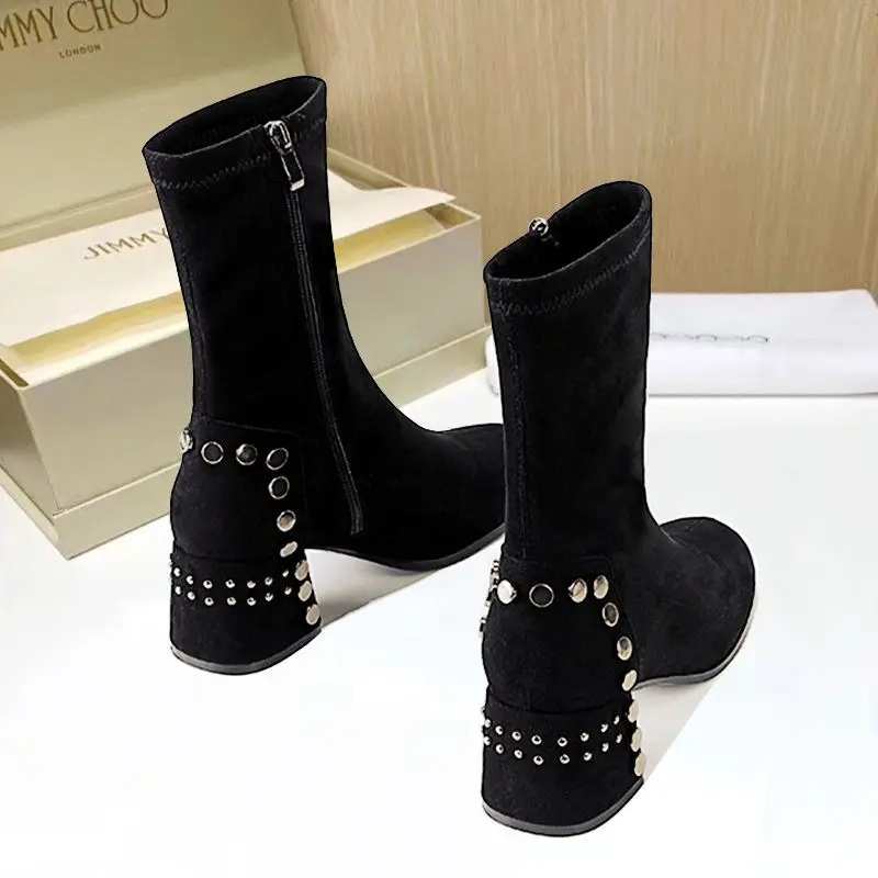 Shoes for Woman Half High Heels Women\'s Boots Studded Footwear Elegant Heeled Elastic Black Mid Calf Fashion 2024 Winter Novelty