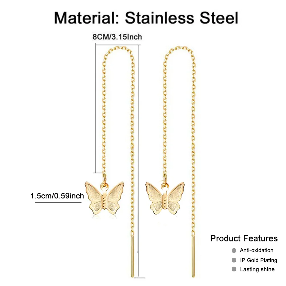 Korean Women's Thread Dangling Earings Gold Color Stainless Steel Butterfly Charm Long Chain Threader Earrings For Women Jewelry