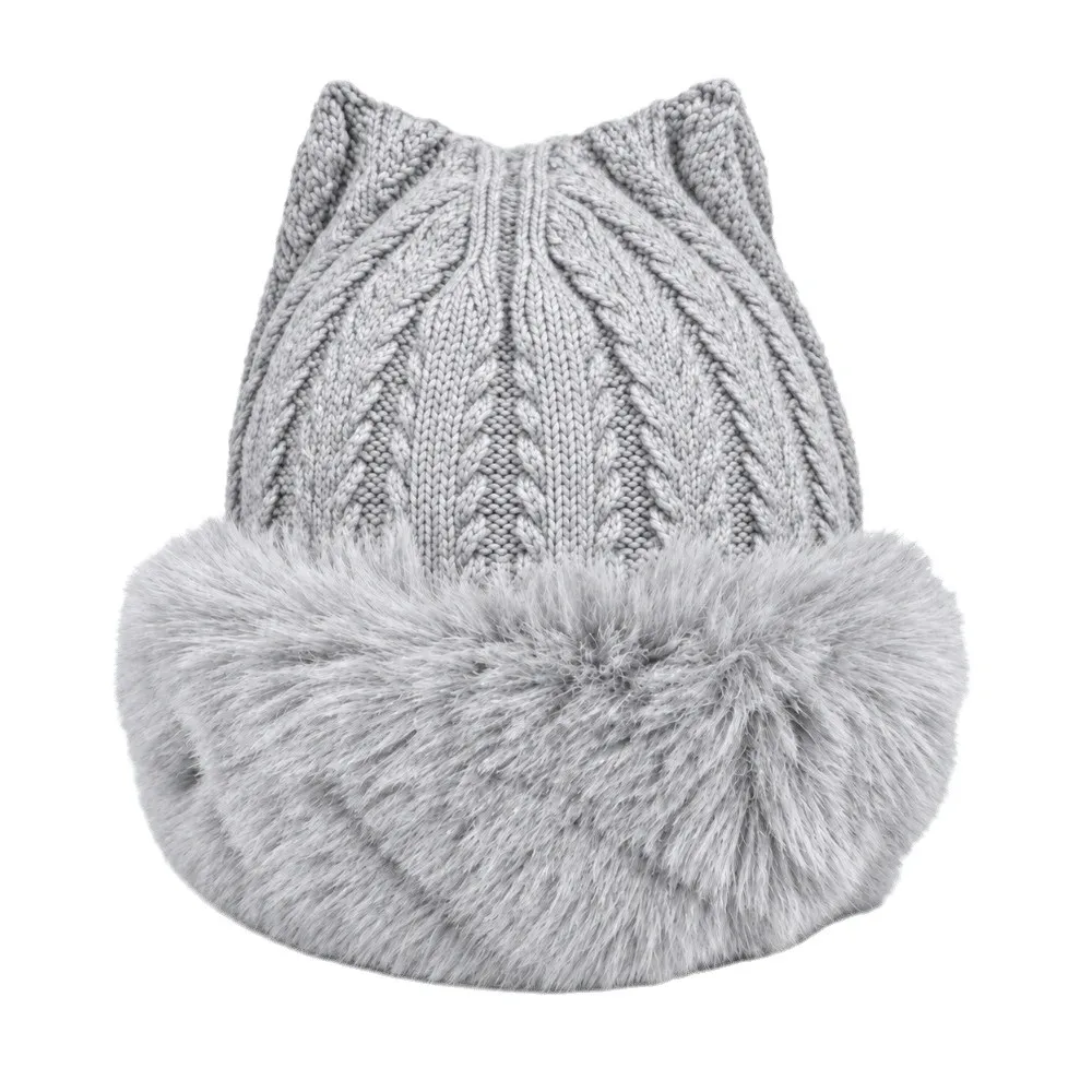 Cute Style Plush Cat Ears Cap Soft Texture Ribbed Knit Winter Bucket Hat Thickened Design Windproof Faux Fur Beanie