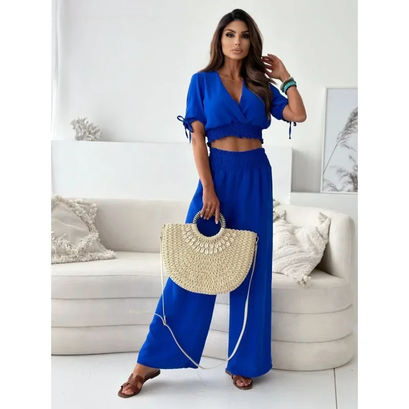 

Summer Elegant Women's Wide Leg Pants Set Simple and Solid Color V-neck Short Sleeved Set Fashionable Petal Sleeve Waistband Set