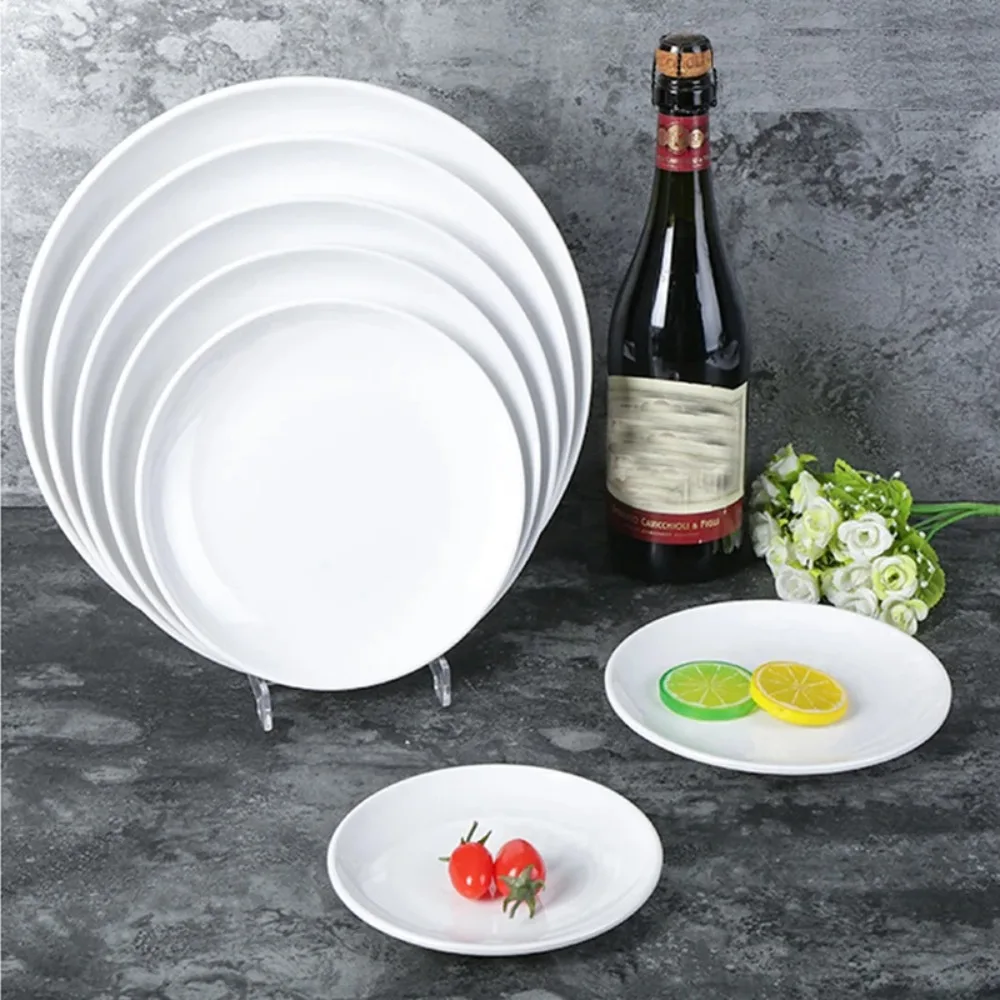 Piatto bianco in melamina porcellana imitazione Piatto bianco rotondo resistente alla caduta per uso domestico Piatto da pranzo durevole infrangibile Ristorante