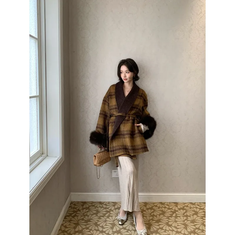 Retro Plaid Double Faced Wool Coat Women Contrast Shawl Collar Belted Fur Trim Cuff Oversize Elegant Fall Winter Trendy