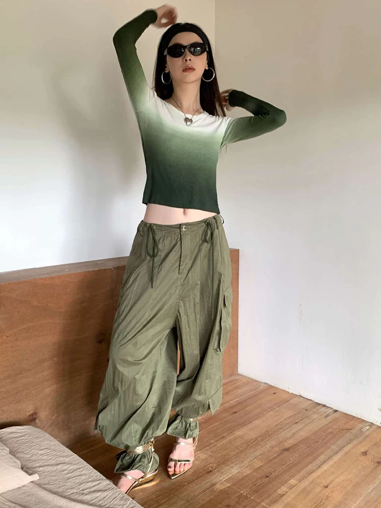 [EAM] High Waist Green Drawstring Long Pocket Casual Wide Leg Pants New Trousers Women Fashion Tide Spring Autumn 2025  1DH8396