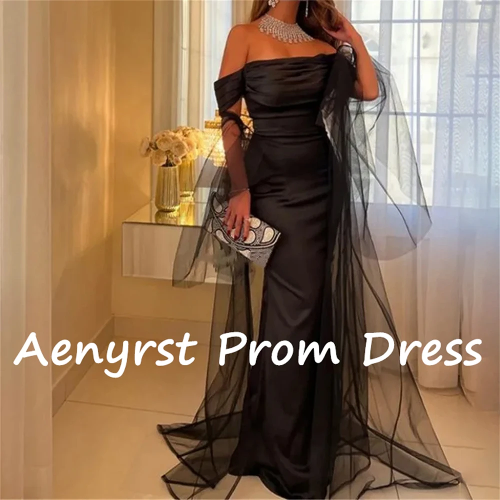 Aenyrst Black Off Shoulder Satin Evening Dresses Mermaid With Tulle Cape Pleated Prom Gowns Floor Length Formal Occasion Dress