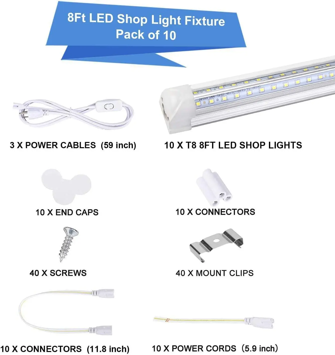 Luminária de loja LED de 8 pés, luzes de tubo integradas T8 brancas de 10 pacotes, capa transparente de alto rendimento 72W 9500LM 6500K