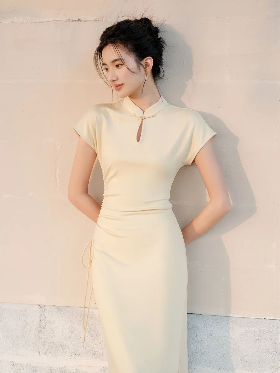 

Новое китайское вязаное платье-ципао для женщин с высокой талией, на шнуровке, с эффектом похудения, с воротником, длинное, с коротким рукавом, цветное