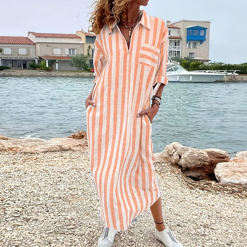 Elegant Turn Down Collar Linen Breathable Dress Trendy Casual Loose Pocket Dress Summer Stripe Long Sleeve Shirt Dress For Women