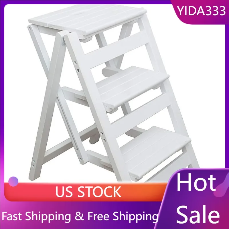 

KINGBO Step Stool for Adults/Step Ladder/Counter Chair, 3-Step Folding Portable Wooden Step Stool, (White)