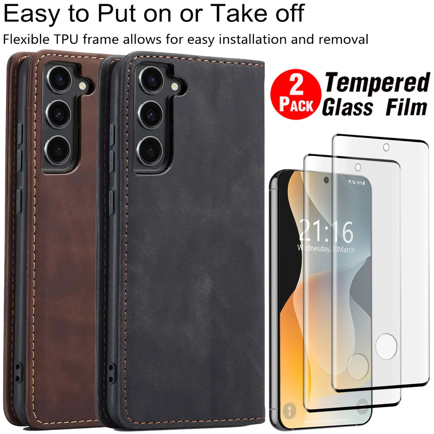 

For Samsung For Galaxy S23 FE/Plus/Ultra Faux Leather Case Wallet Stand Flip Cover +2PCS Clear Tempered Glass Screen Protector