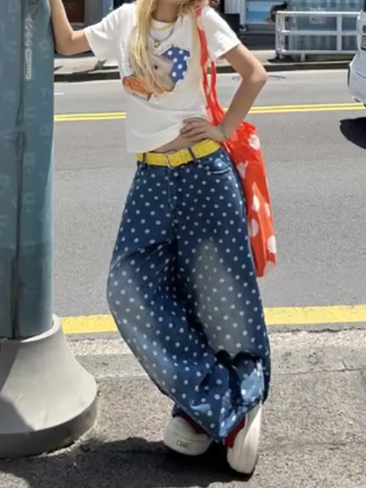 Sweet Cool Spicy American Wave Dot Print Denim Jeans Women Summer Design Sense Washed Loose Straight Wide Leg Long Trousers