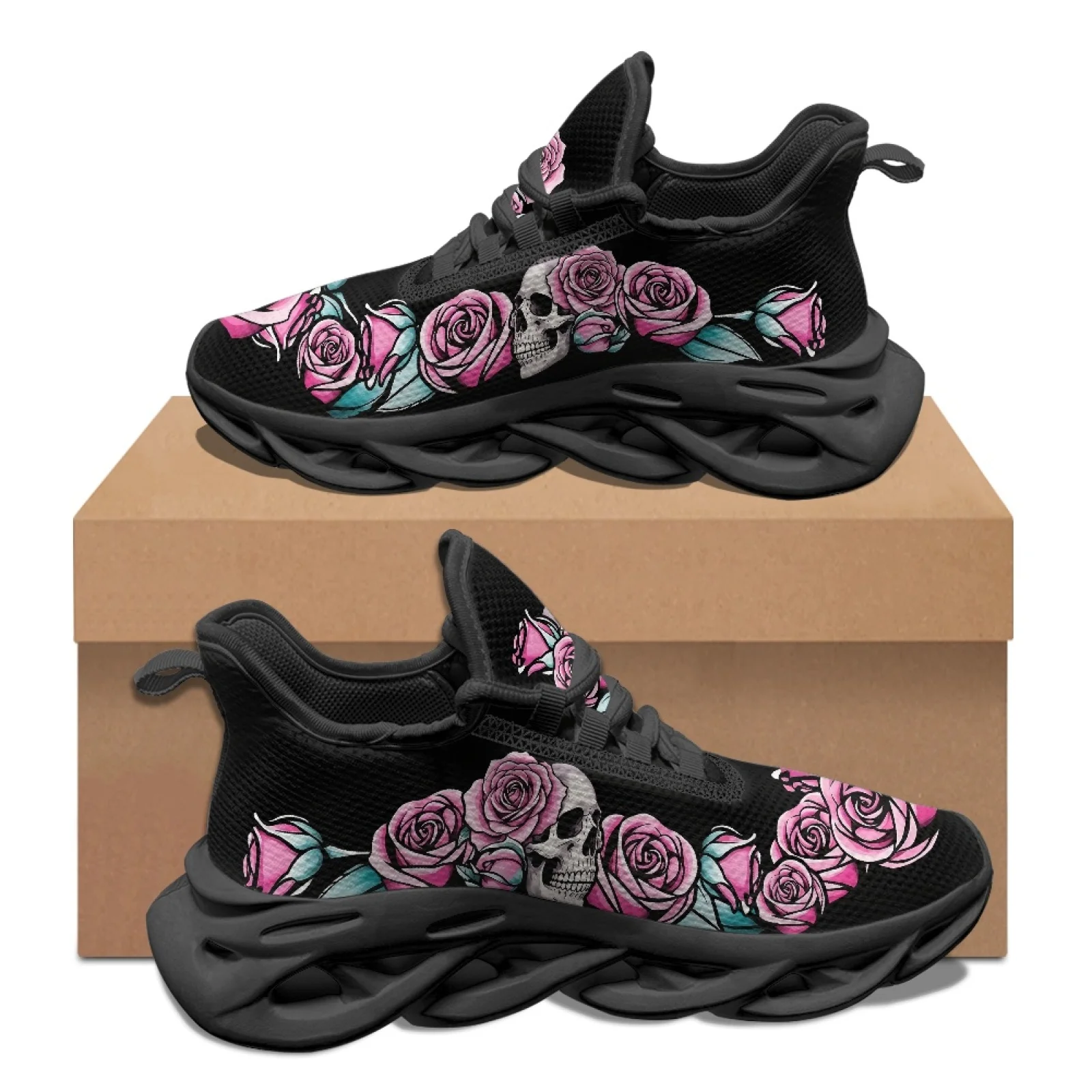PENSTROLL Skull Pink Rose Breathable Tennis Sneakers Athletic Shoes for Men Non Slip Running Shoes