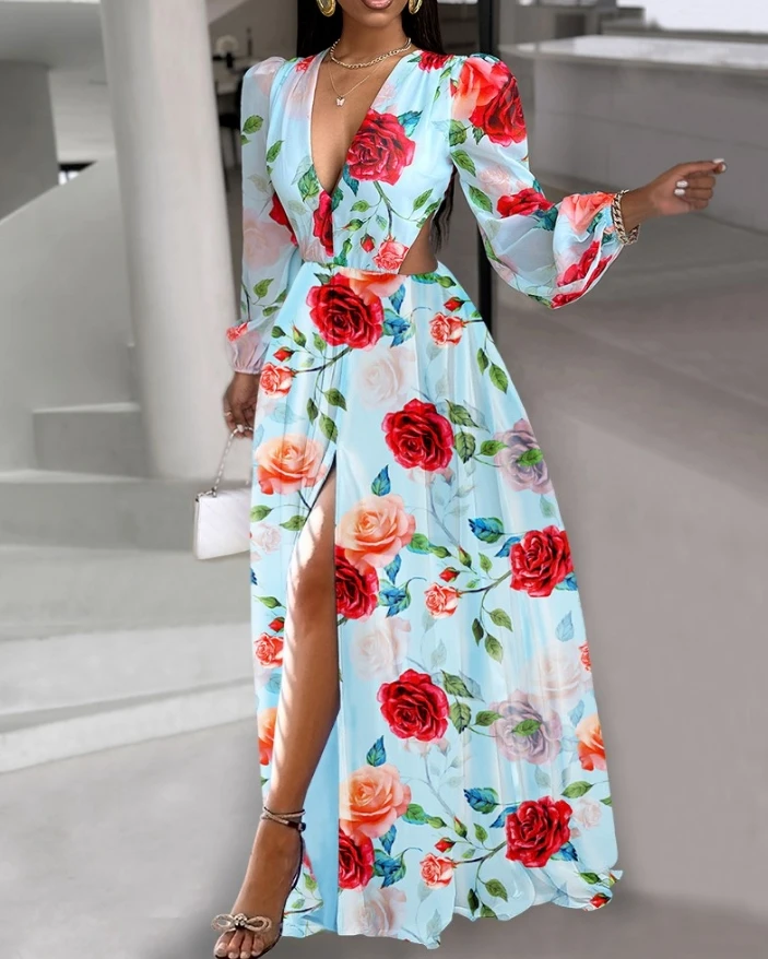 

Summer Tourism Vacation Women's Long Dress 2024 Fashion Floral Print Sexy Deep V-Neck Lantern Sleeve Cutout Slit Maxi Dress