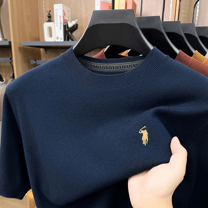 High-end Men's Crew Neck Knitted Sweater Casual Embroidered Trendy Base Shirt Short-sleeve T-shirt Solid Color Top for Summer