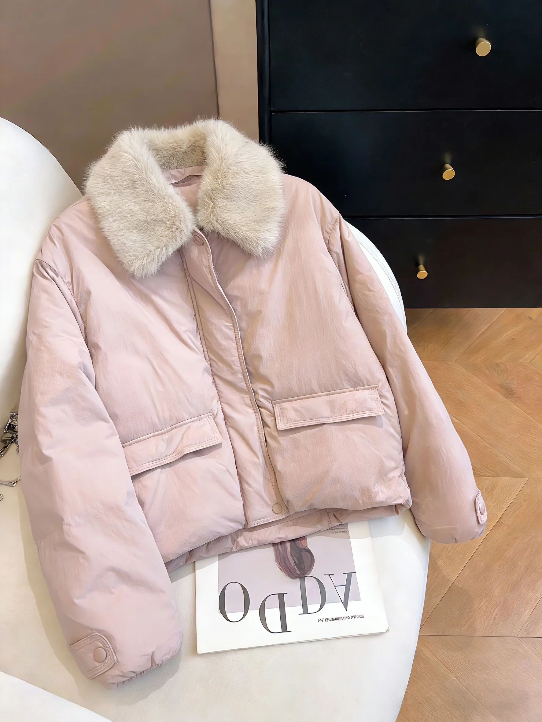 

Dopne Pink Fur Collar Splice Cotton Jaet Women's Autumn Winter Sweet Slimming Versatile Warmth Cotton Coat