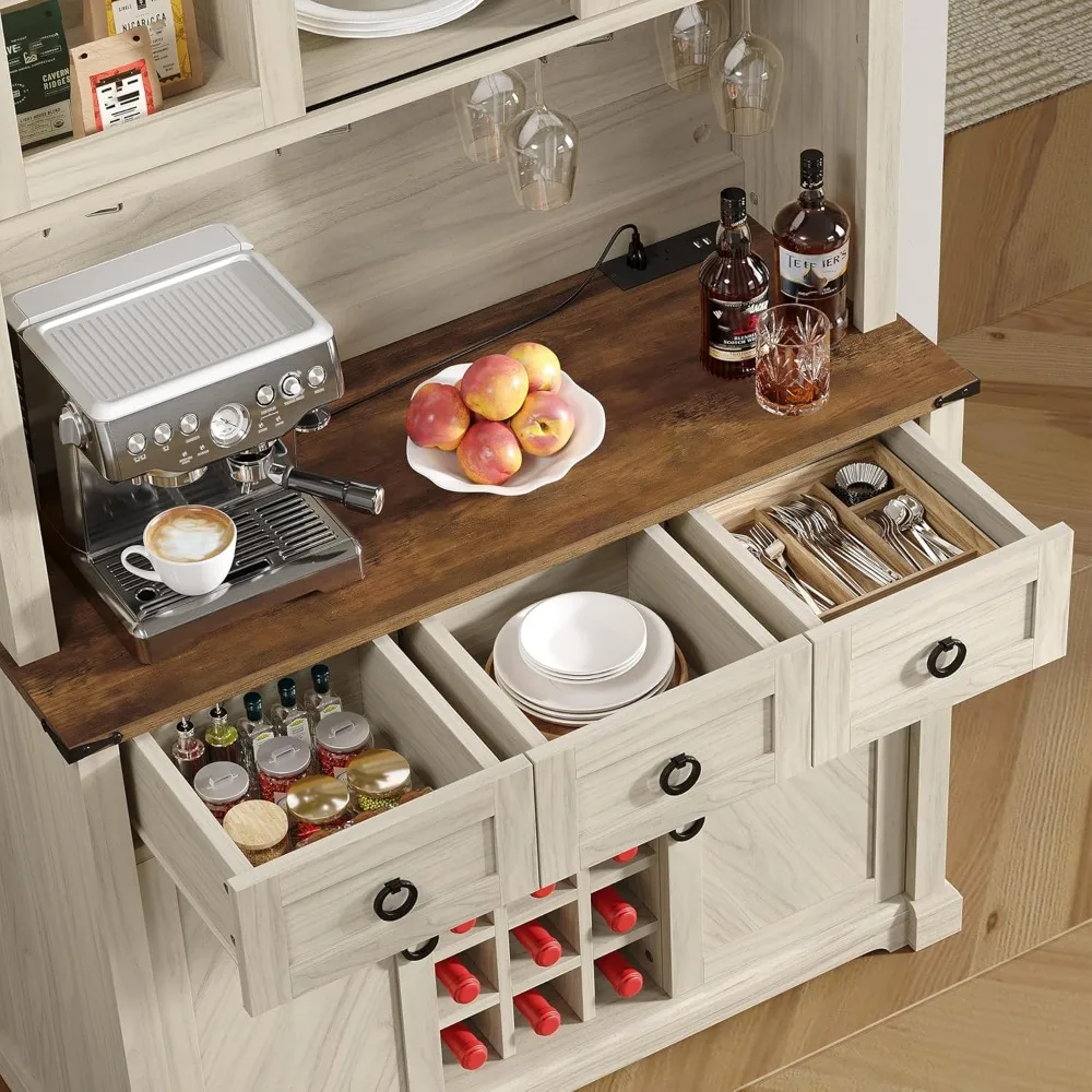 Armoire de bar de ferme avec porte-bouteille T1 et porte-verre à vin, grand panneau de cuisine avec étagères, cave à vin avec 3 égouts de proximité, 72 po