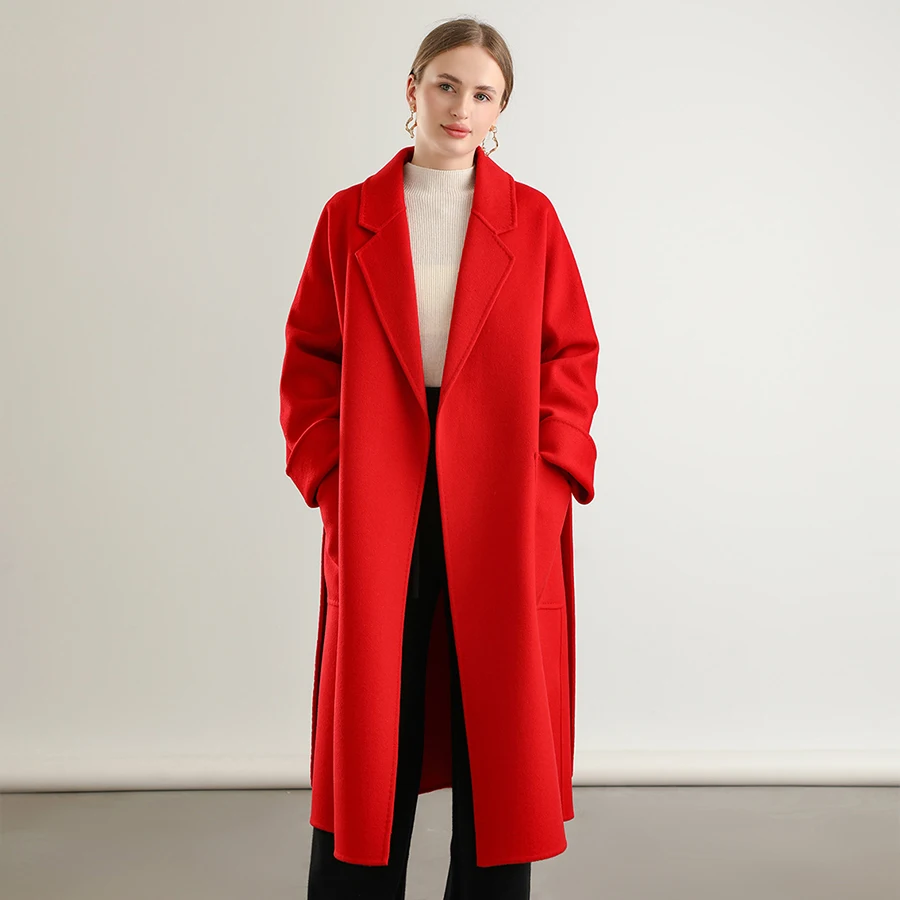 

Women's Woolen Coat With Belt New Cashmere Wool Long Jacket Suit Collar Warm Autumn Trench Coat