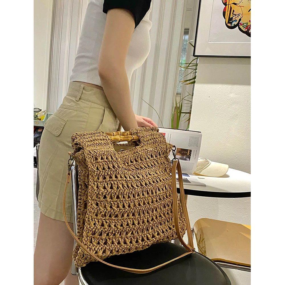 Bamboo Handle Straw Handbag Handmade Woven Beach Bags for Women Paper Rope Knitting Rattan Bag Square Shoulder Crossbody Bag New