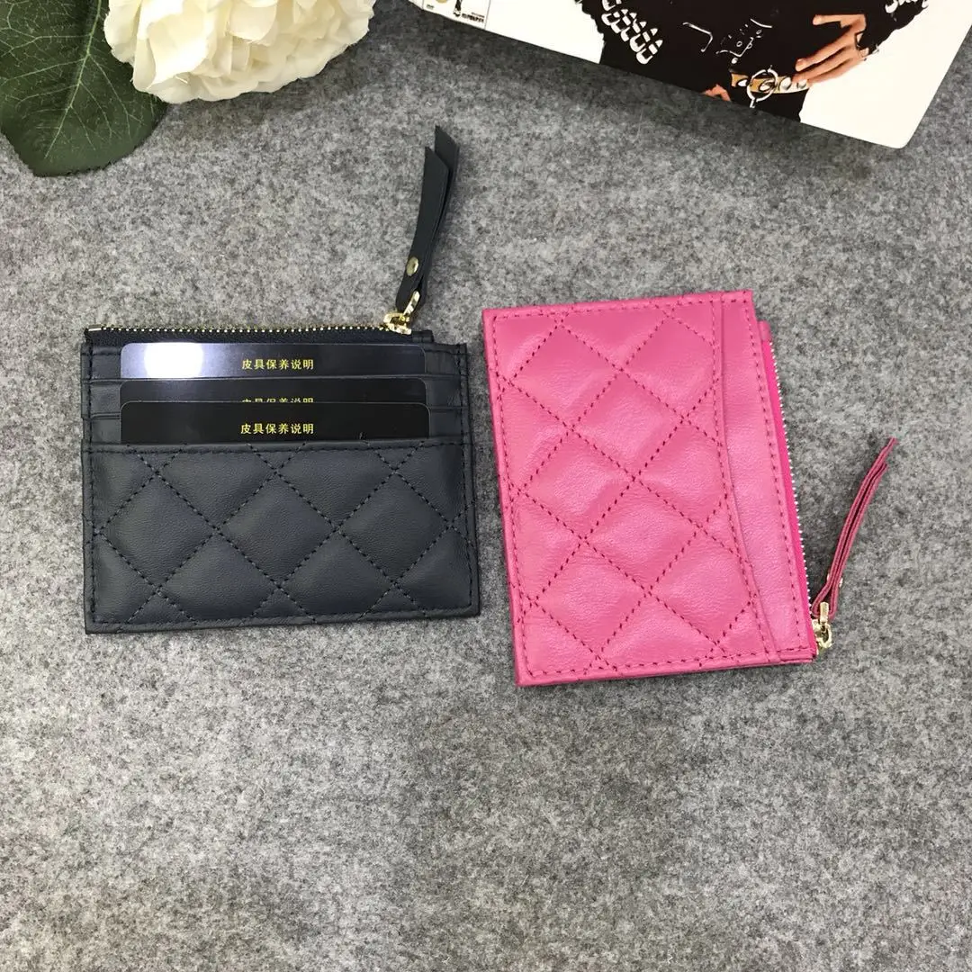 Top Quality Solid Color Genuine Lambskin Credit Card Holder Business Bank Cards Coin Compact Zippy Wallet 7 Colors Option