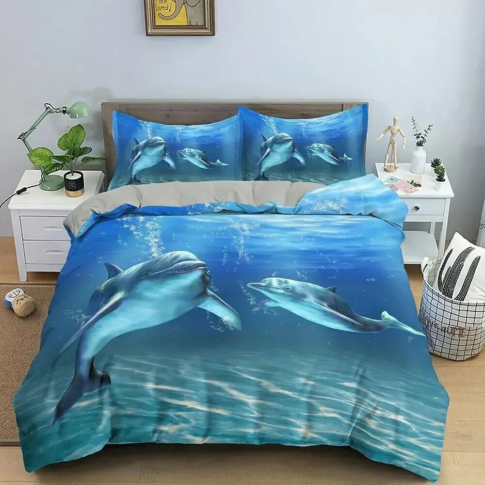 Dolphin In Blue Sea Bedding Sets 3D Animal Dolphins Quilt Duvet Cover Set Kids Adult Bed Bedclothes