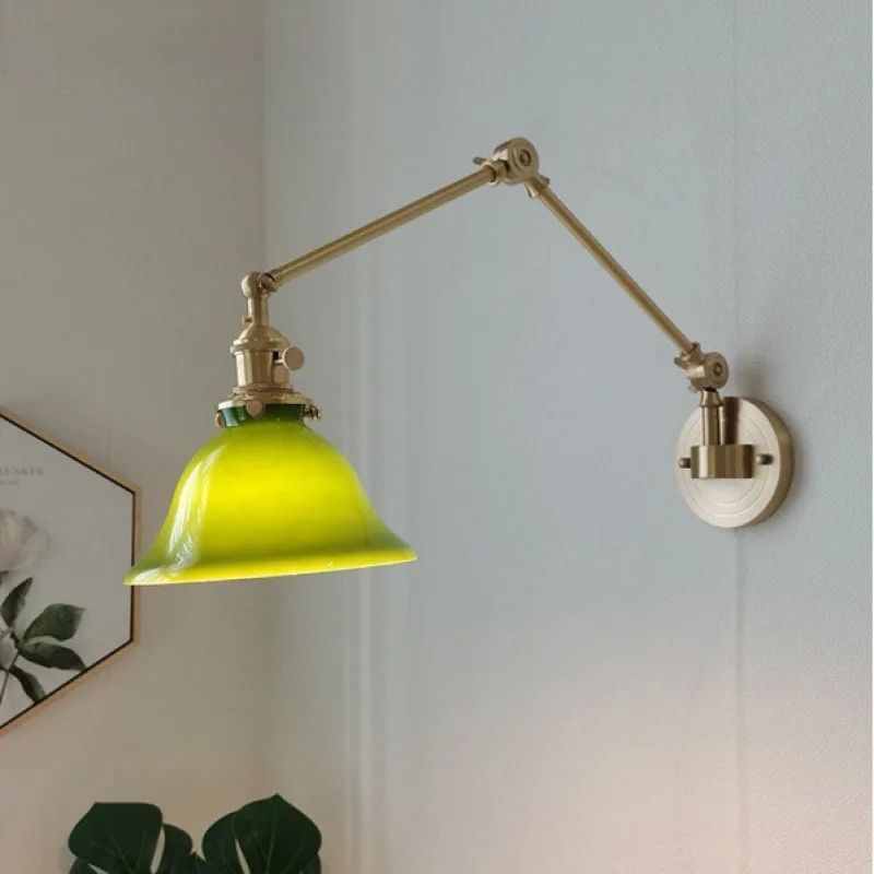 Brass long pole wall lamp glass rocker arm telescopic folding bedroom bedside study reading light