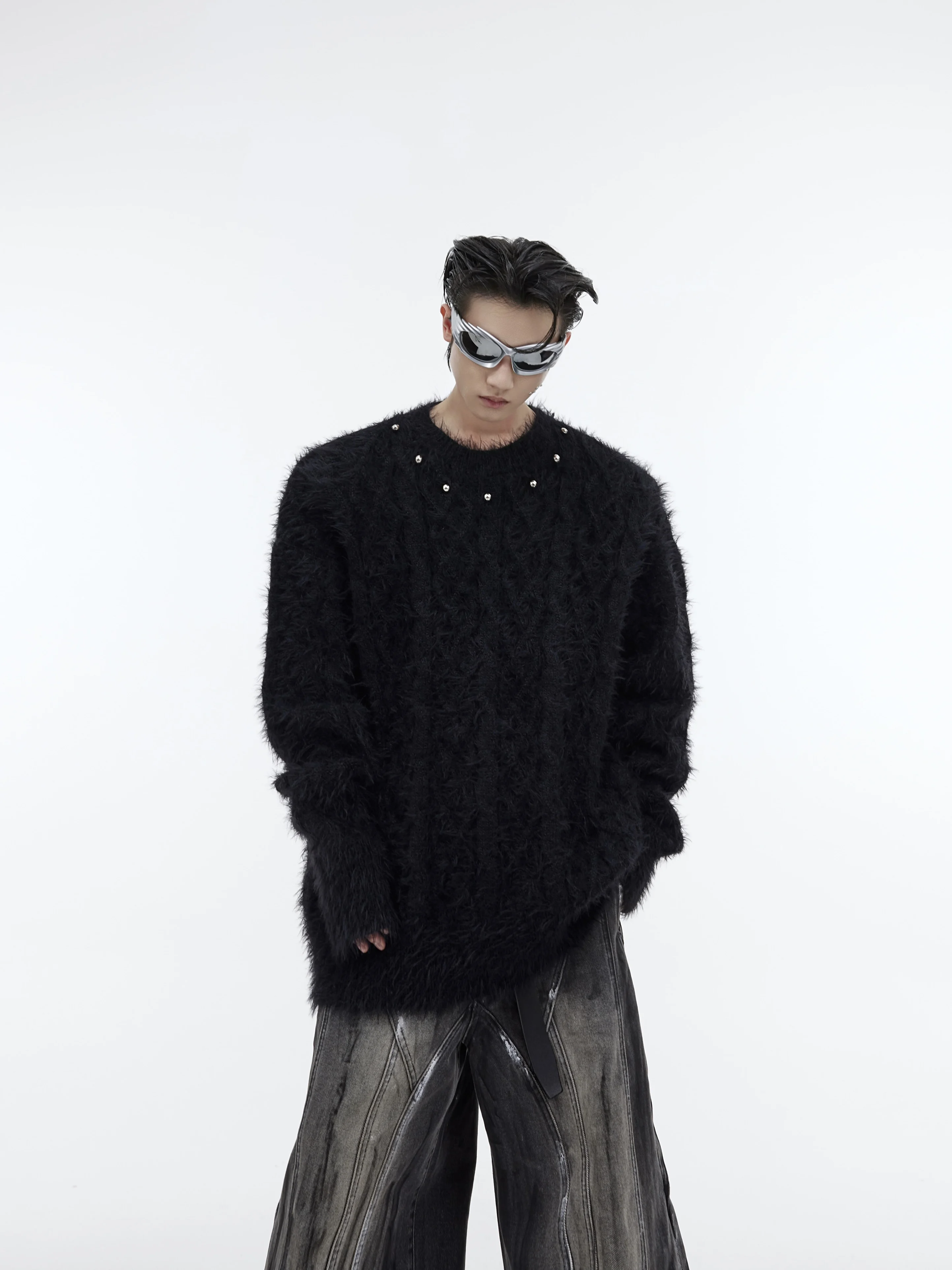 Metallic Knitted Sweater Loose Fit Unisex  Color Lazy Style Trendy Button Design Casual Wear Cotton Wool Blend Autumn