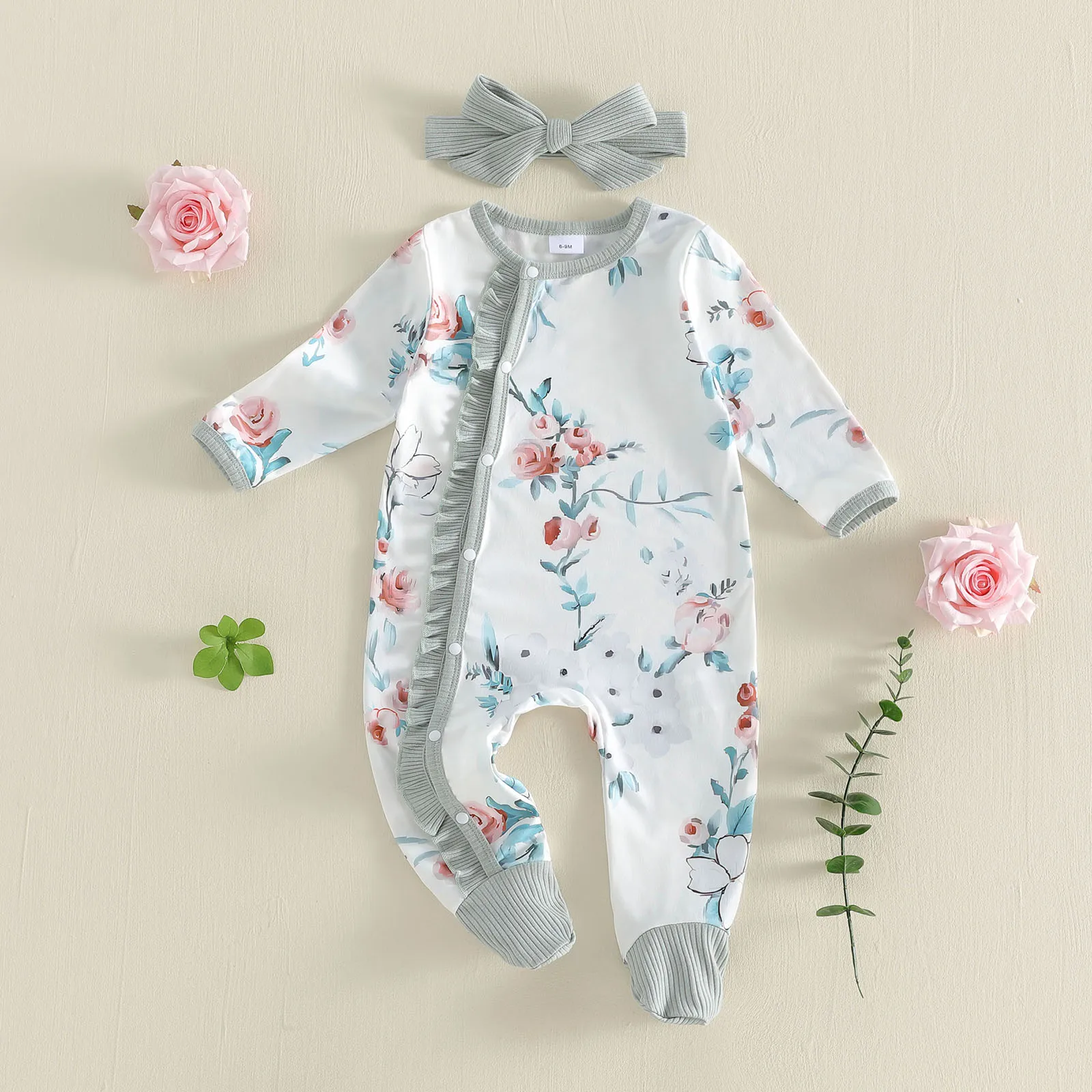 

Комбинезон для маленьких девочек с длинными рукавами, круглым вырезом, застежкой на пуговицах, цветочным принтом, осенний комбинезон и повязка на голову, осенняя одежда