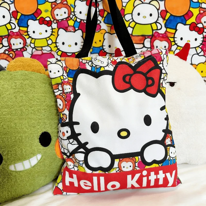 

Женские холщовые сумки через плечо Kawaii Hello Kitty, повседневная женская сумка с изображением кошки, многоразовая сумка для покупок большой вместимости, подарок для девочек