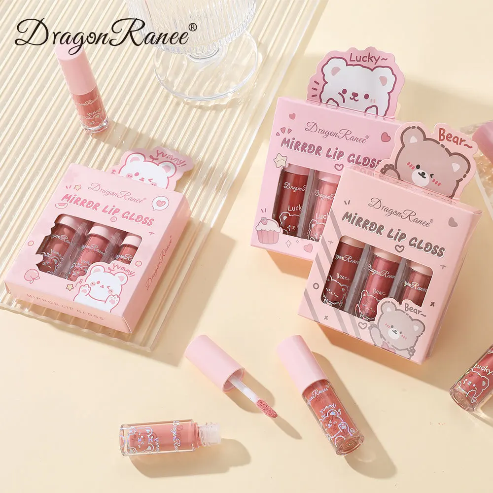 3pcs/Set Of Mirror Glossy Lip Gloss Moisturizing Sparkling Cartoon Lip Gloss Pearlescen Waterproof Mirror Face Moisturizing