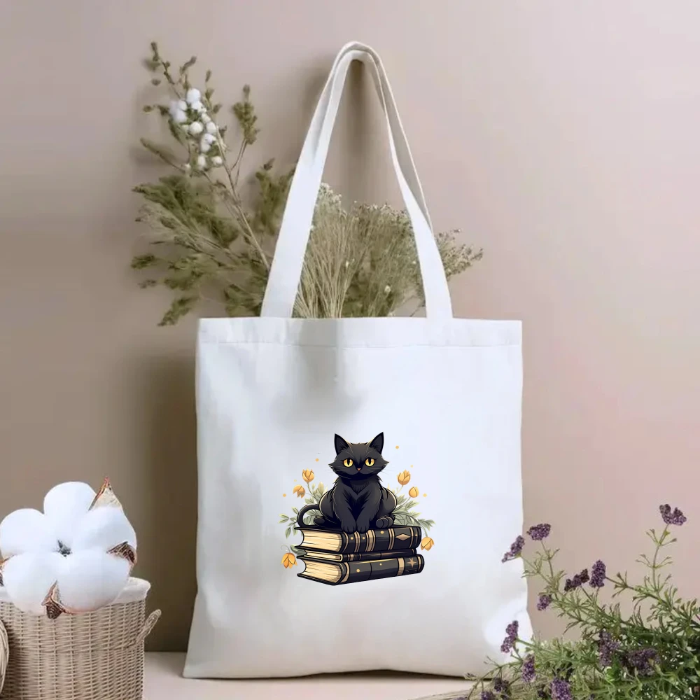 Black Cat with Bowl of Oranges Canvas Tote Bag, Adorable Fruit and Cat Print Shoulder Bag for Cat Lovers view 2