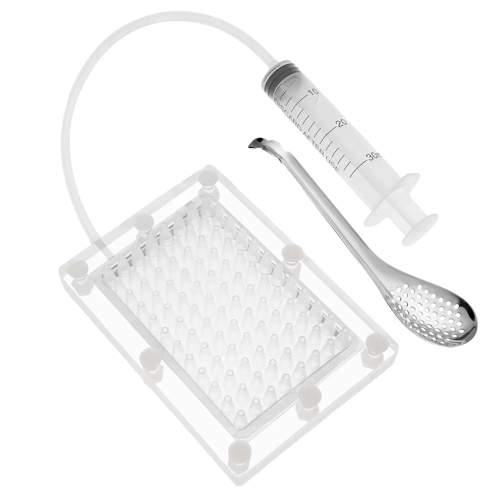 Caja para hacer Caviar, cuentagotas de esferificación, Kit de gastronomía Molecular, dispensador de salsa de huevos de 96 orificios, colador, herramientas con cuchara y jeringa