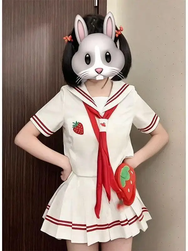 2026 Anime JK Uniform Strawberry Embroidery Short Sleeve Sailor Suit School Style Waist Cinched White Red Plaid Skirt Set