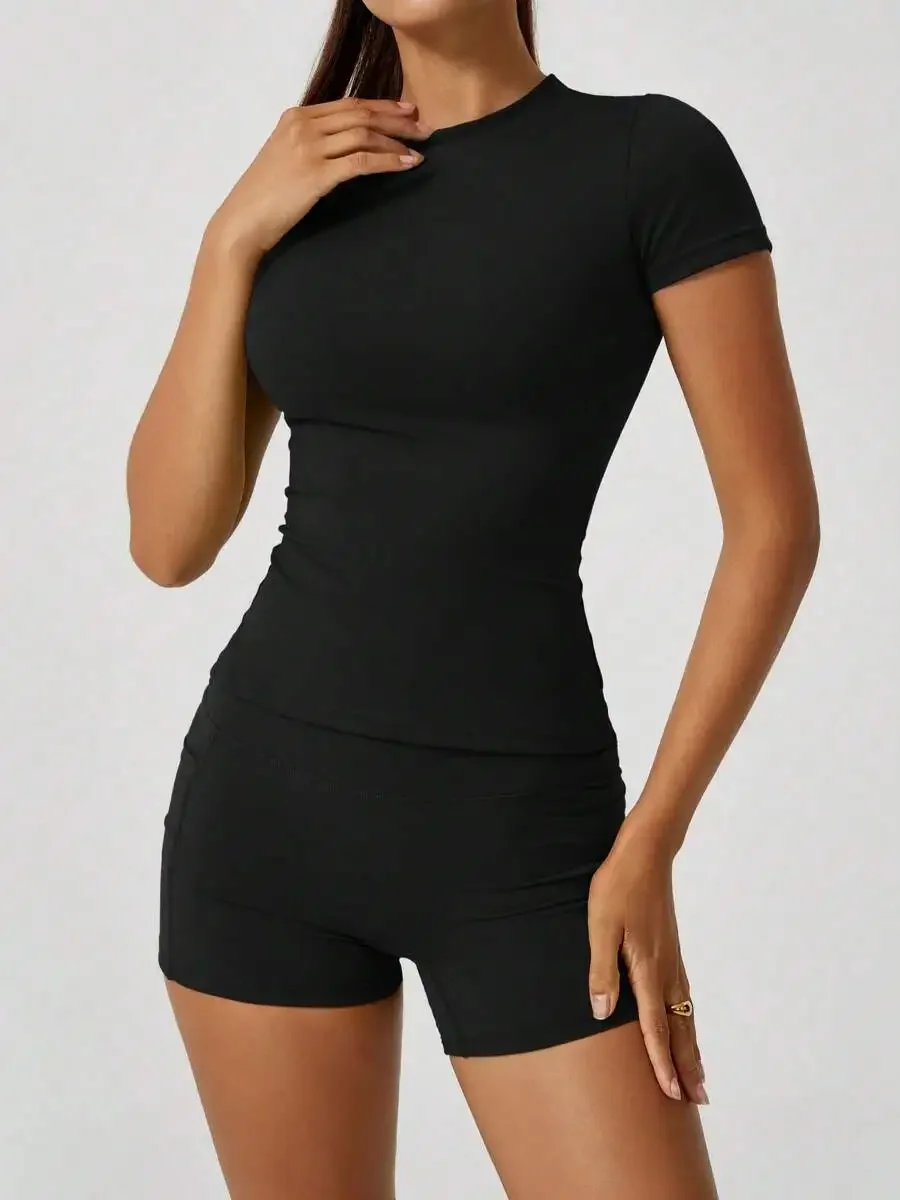 Women's Sweet Sports Short Sleeve High Waist Tummy Control Butt Lifting Shorts Set