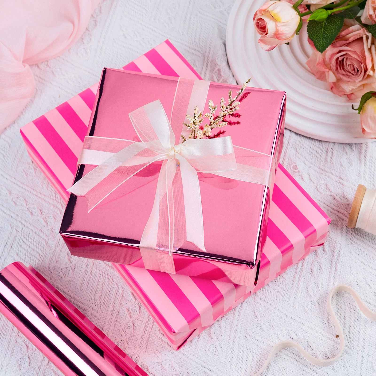 Wikadlik Hot Pink Wrapping Paper - Metallic Hot Pink Solid Color and Horizontal Stripes Gift Wrap Paper for Birthday, Valentines Day, Mothers Day - 43cm x 10m Mini Roll view 2