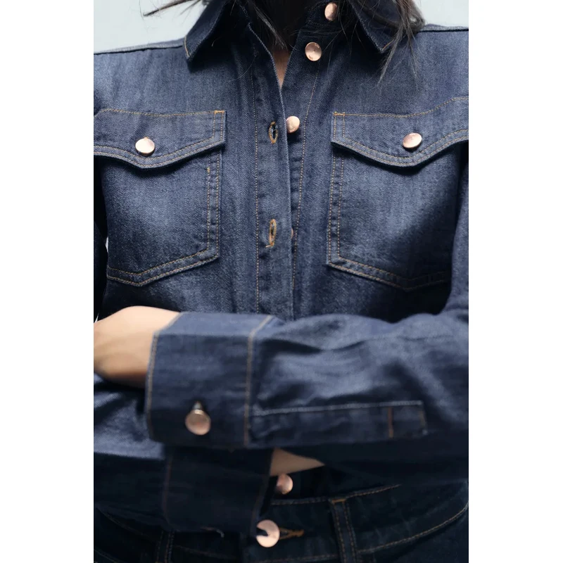 ample Long Sve Denim irt femmes décontracté trajet Sle simple rangée plusieurs boutons col Simple fibre de Polyester 00%