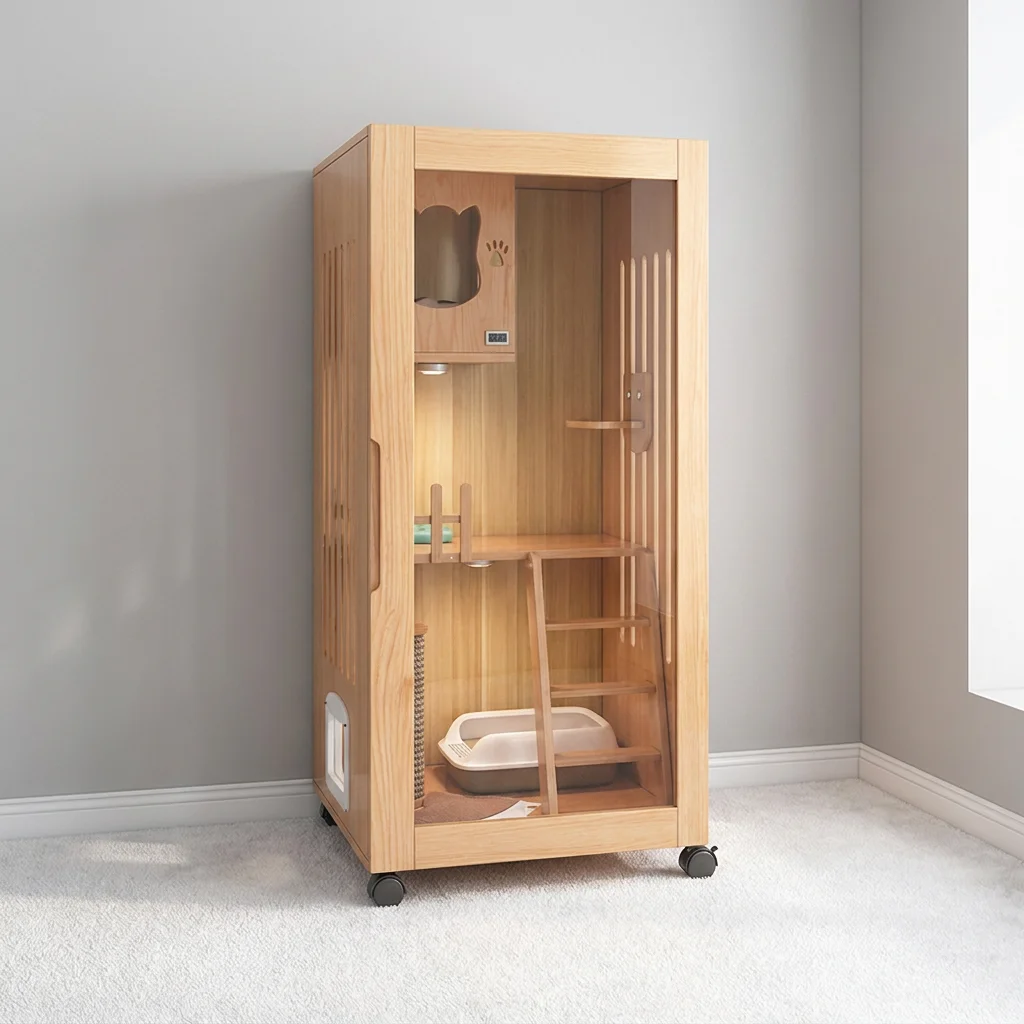 Three-layer Glass Latch-door Cat House Snap Button Closure Secure Design Multi-layer Layout For Cat-owning Families. Offers