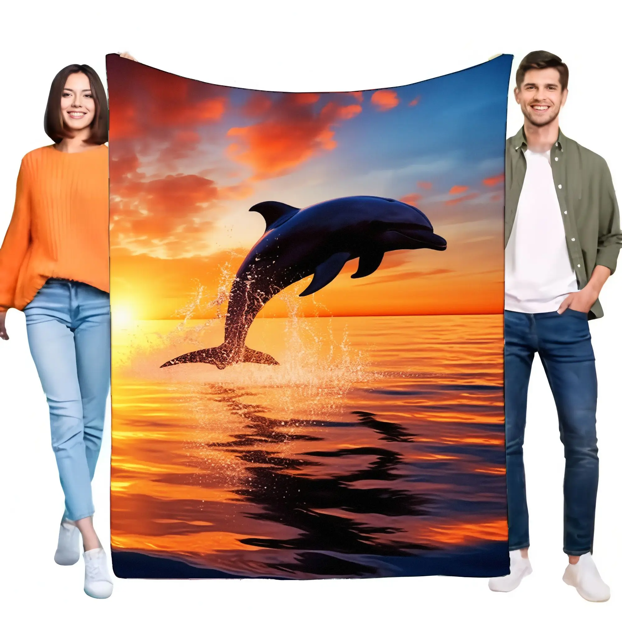 Vibrant Sunset Ocean Blanket with Leaping Dolphin - Cozy Large Throw for Bed or Sofa - Perfect for Beach Lovers and Nature Enthu