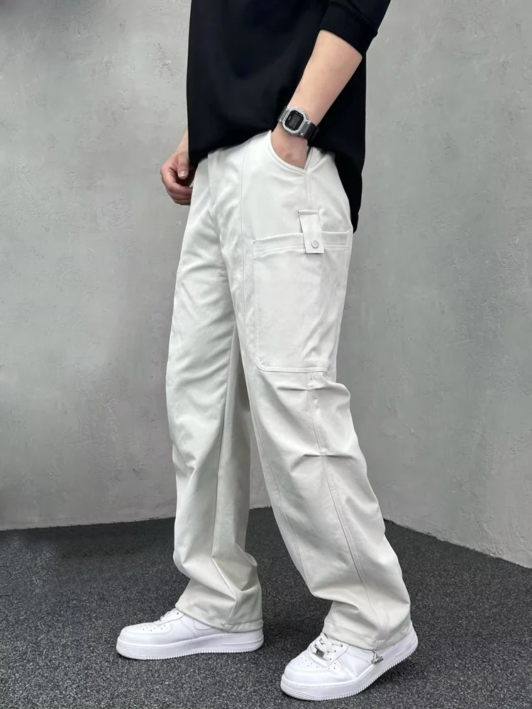 

2024 Autumn New Men's Loose Outdoor Cargo Pants High Quality Elastic Waist Straight-leg Casual Trousers Light Gray Khaki Black