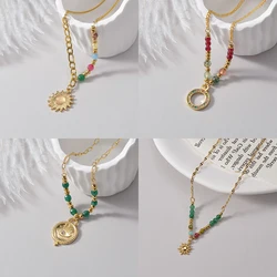 Bohemia Colorful Natural Stone Beaded Necklaces Vintage Sun Eye Stainless Steel Women Necklaces Summer Jewelry